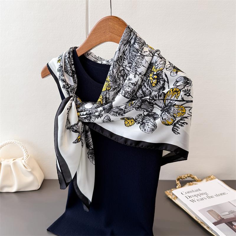 Butterfly Flower Simulation Silk High-End Printing Large Square Scarf Silk Scarf Shawl Headscarf Neck Protection Scarf Decorative Women'S Scarf