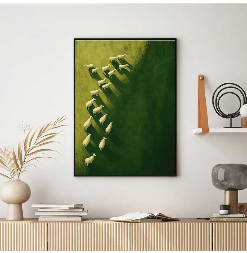 Modern Minimalist Pastoral Frameless Canvas Poster, Green Background with Sheep Herd, Wall Mural for Home Decor