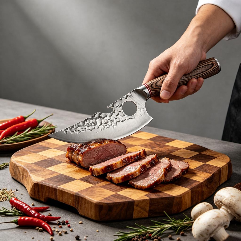 Ручная ковка Кухонный нож для подготовки продуктов Текстура молотка Стальное лезвие Эргономичная деревянная ручка Бытовой кухонный нож для ежедневной подготовки мяса и продуктов
