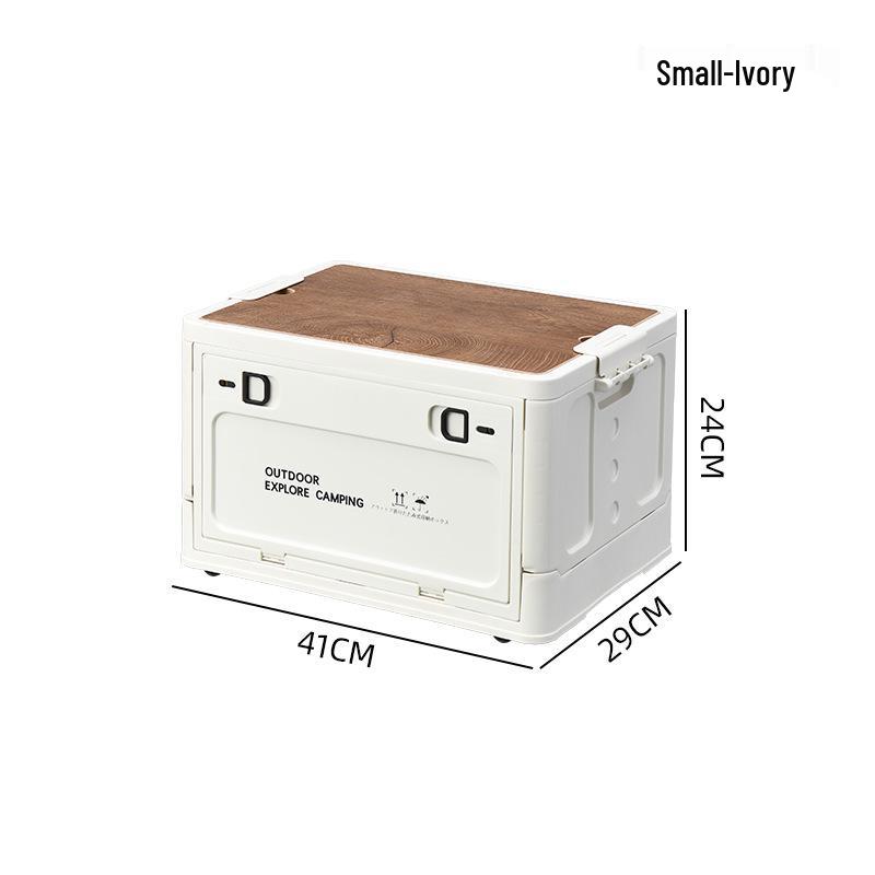 Portable Wheeled Camping Storage Box with Wooden Lid and Side-Opening Access