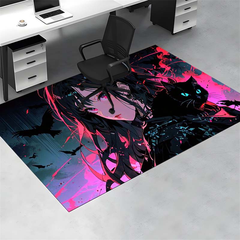 Anime Girl Black Cat Bat Neon Dark Art Print Area Rug Non‑Slip Floor Mat Gaming Room Home Bedroom Decor