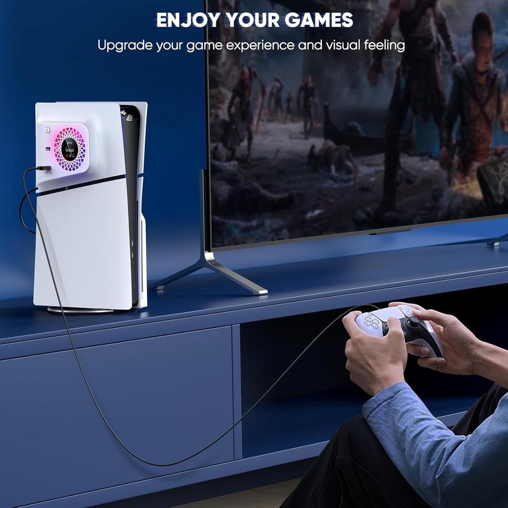 Вентилятор охлаждения RGB с защитной пластиной для PS5 Slim Digital/Disc, автоматическая регулировка скорости с помощью датчика температуры, 3 ручных скорости вентилятора и концентраторы USB3.0, система охлаждения
