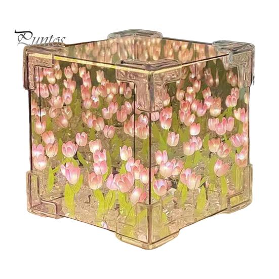 Handmade DIY Tulips Cube Mirror Lamp Soft Glow Easy To Install Romantic Tulips Flower Night Light Desktop Decoration