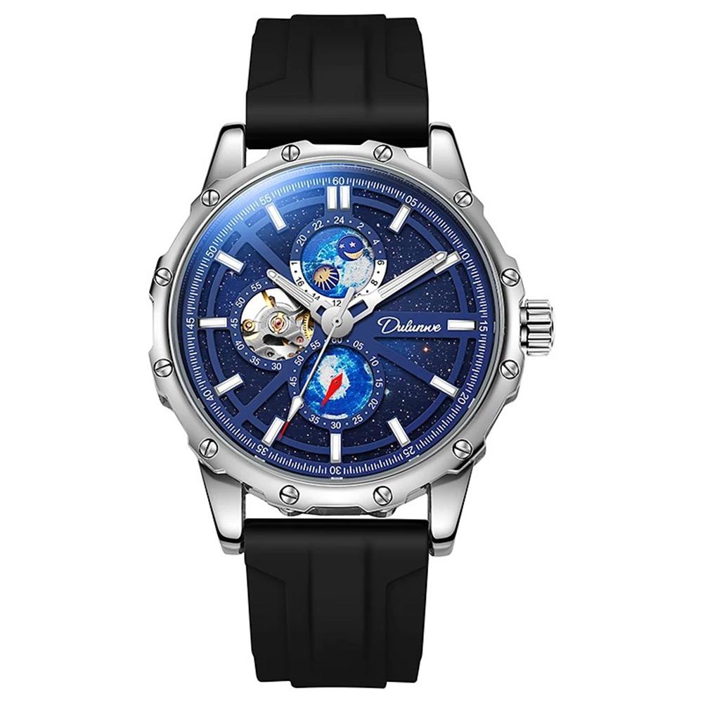 Dulunwe Мужские автоматические механические полые механические часы звездное небо наручные часы водонепроницаемые деловые наручные часы