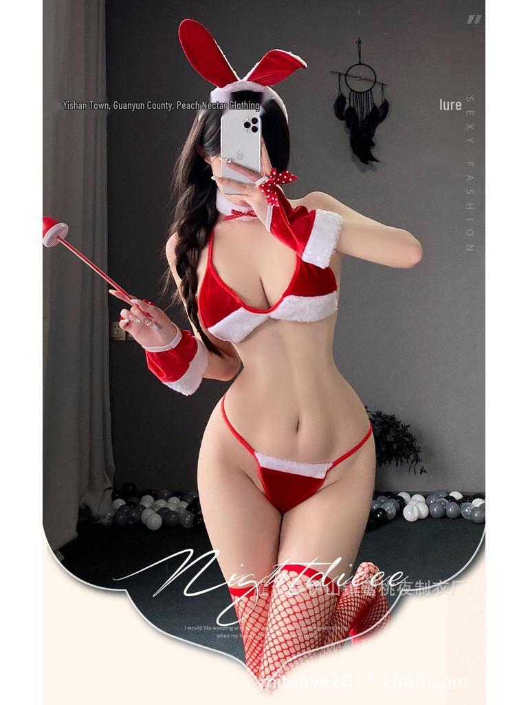 Christmas Bunny Girl Lace-Up Lingerie Set - Sexy Three-Piece Bra and Panties Sleepwear