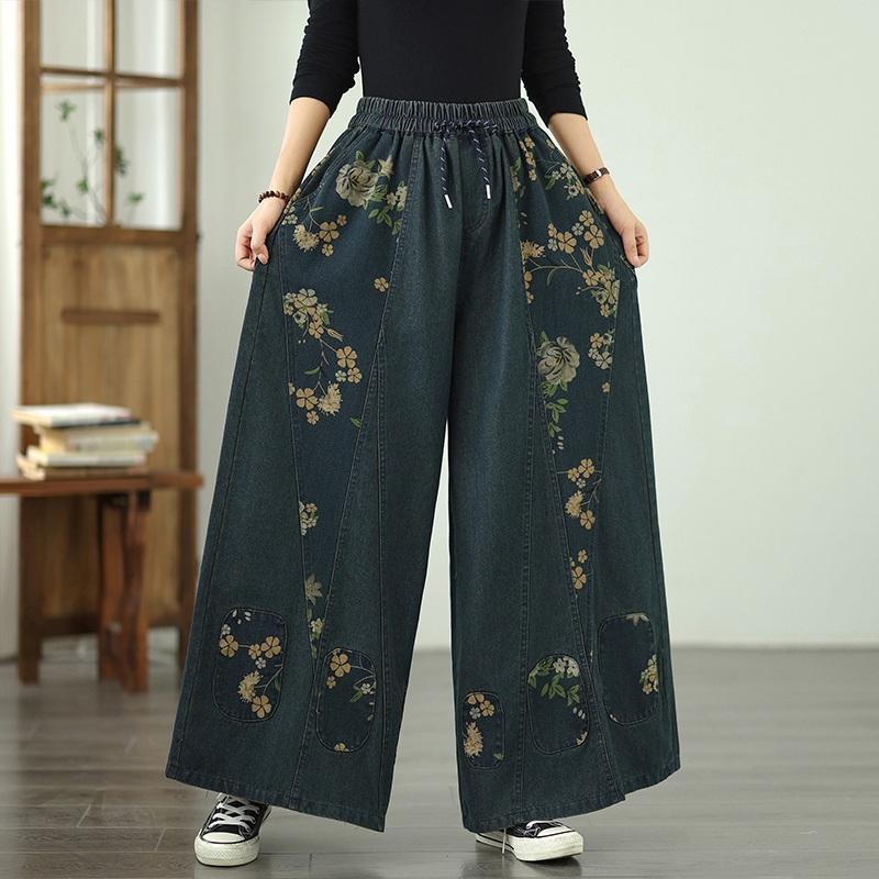 Plus Size Vintage Floral High Waist Casual Loose Women Spring Autumn Jeans Denim Wide Leg Pants