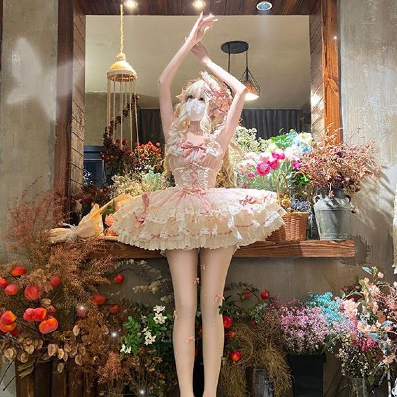Японское милое платье в сеточку Лолита Jsk для женщин Kawaii кружевные оборки с бантом платья для чаепития Harajuku милая розовая принцесса мини-торт