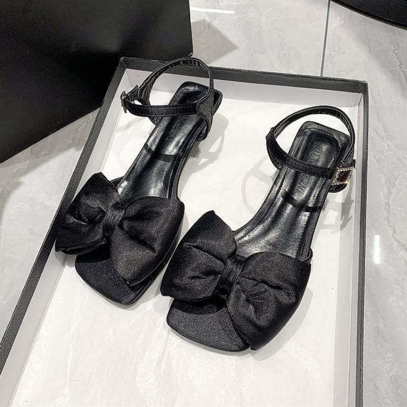 Модные женские босоножки лето 2024 года с бантом на низком толстом каблуке женская обувь мода открытый носок однотонные элегантные платья каблук босоножки женские
