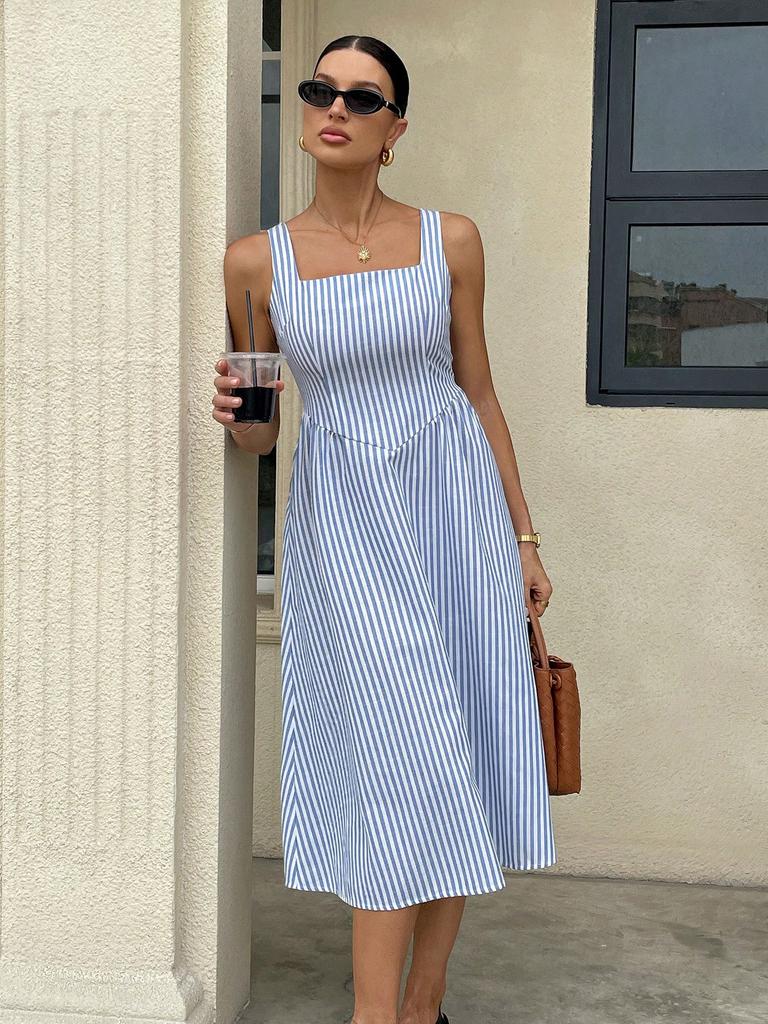 Women Casual Fashion Square Neck Sleeveless Color Block Striped High Waist Long Dress