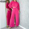 Women's Fashion Casual Solid Color Print Long Sleeve O-Neck Loose Trousers Pants Suits