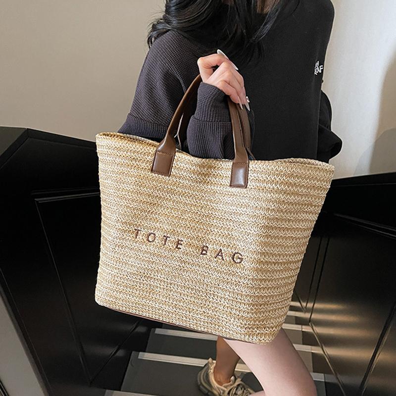Женская соломенная сумка-тоут большой вместимости, вязаная крючком пляжная сумка через плечо, однотонная плетеная дорожная летняя сумка на каждый день для женщин CLE