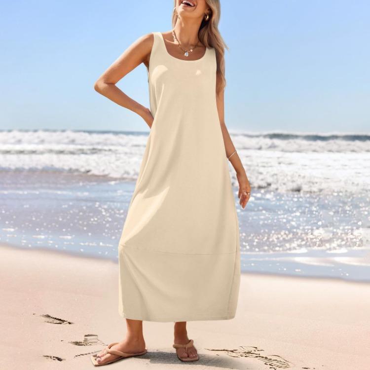Summer Women's Casual Loose Sleeveless Round Neck Sundress Long Beach Dress