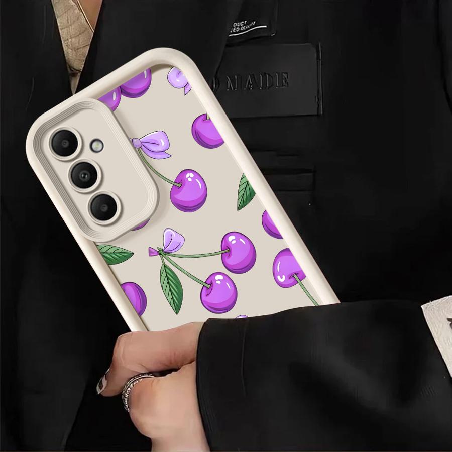 Мультяшный фиолетовый чехол-накладка с вишнями для Samsung Galaxy A16 A71 A72 A12 A13 A26 A32 A23 A56 A15 A35 A36 A53 A54 A51 A73 A34