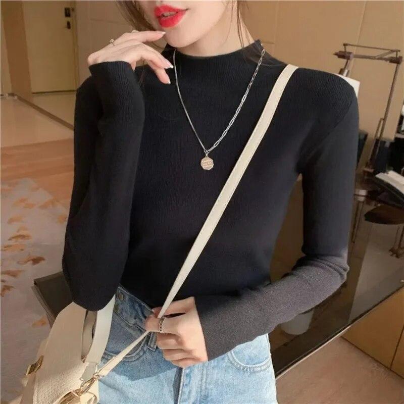 Sweaters Pullover Knitwear Women Autumn/Winter Solid Half High Collar Long Sleeve Versatile Sweater Pullover Female Top