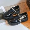 2024 весенне-осенняя черная школьная обувь для девочек, модная универсальная детская кожаная обувь с бантом, детские туфли принцессы Лолиты