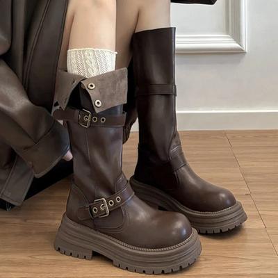 Зимние ботфорты на платформе для женщин, модные ботильоны с ремешком и пряжкой, винтажные ботильоны на низком квадратном каблуке, женская обувь