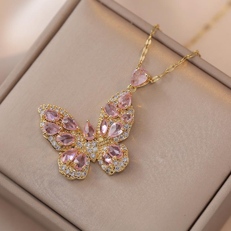 Butterfly Pendant Necklace for Women Fashion Gold Color Stainless Steel Zircon Necklaces Party Jewelry Accessories