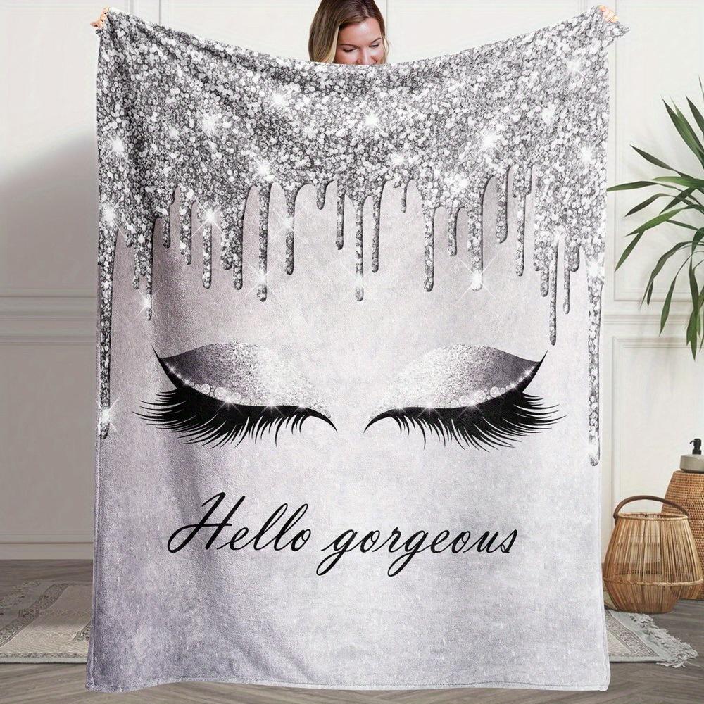 Hello Gorgeous Eyelash Flannel Throw Blanket Silver Glitter Drip Makeup Style Sofa Blanket