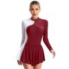 Womens Sparkly Rhinestone Figure Skating Dance Dress Contrast Color Sheer Mesh Patchwork Long Sleeve Mock Neck Dresses