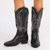 Women's Retro Embroidery Western Boots Autumn Winter Pu Leather Knee High Boots Female Thick Heels Pointed Toe Cowboy Botas 2024