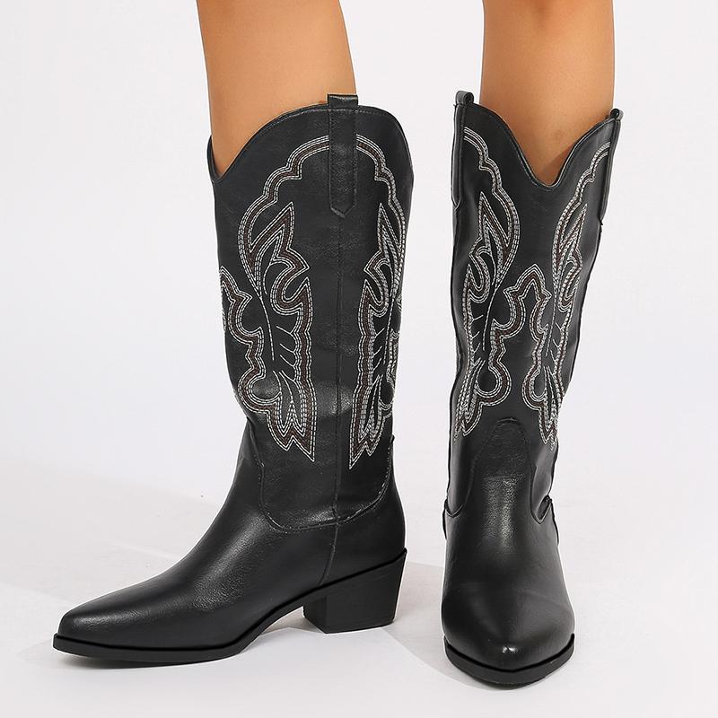 Женские сапоги в стиле вестерн с ретро-вышивкой, осенне-зимние сапоги из искусственной кожи до колена, женские ковбойские ботинки на толстом каблуке с острым носком 2024 г.