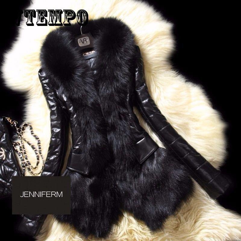 Осеннее и зимнее пальто из искусственного меха, короткое женское пальто из плотной хлопковой кожи с воротником из искусственного лисьего меха, женское черное кожаное пальто