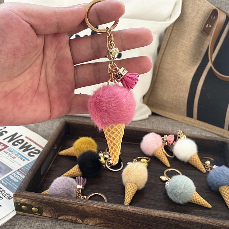 Cute Ice Cream Cone Plush Keychain Cartoon Pompom Bag Charm Car Key Ring Accessory