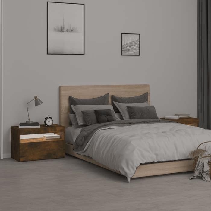 Maison Exclusive - Tables de chevet 2 pcs et lumières LED Chêne fumé 60x35x40 cm