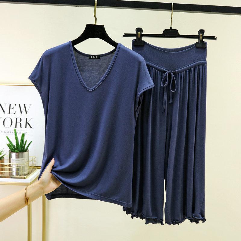 Размеры от M до 6XL Модальные повседневные комплекты пижам с V-образным вырезом, футболки с рукавами и кулиской, отделка с оборками, укороченные брюки, высокая талия, свободный крой, комплекты для отдыха