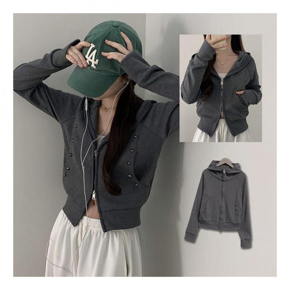 The Pink Women Durie Stud Ribbed Crop Zip Up Hoodie