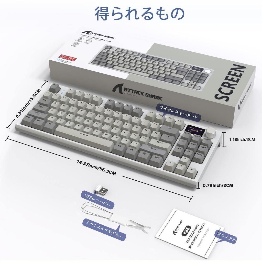 Игровая клавиатура ATTACK SHARK x AJAZZ K86 Беспроводная клавиатура Bluetooth Беспроводная Линейная Цветной TFT-экран Ручка Структура «Синий кит» Горячая точка Японская