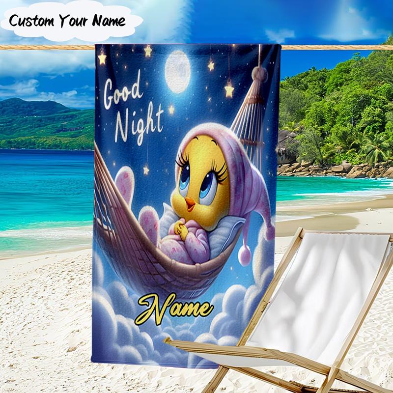 1PC Custom Name Good Night Yellow Bird Heart Beach Towel, Lightweight Quick-Dry for Man Woman, for Summer Travel, Swimming Pool Birthday Gift