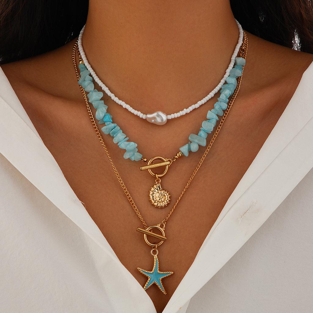 3Pcs/Set Irregular Blue Stone Chain Necklace Women Boho Conch Starfish Pendant Y2K Jewelry Beads Choker