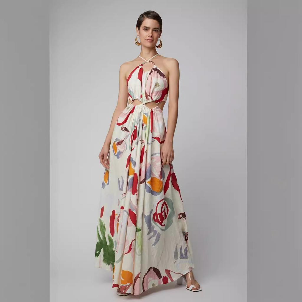 Spring and summer new European and American women's clothing slim-fitting swing dress sexy suspender print dress beach dress