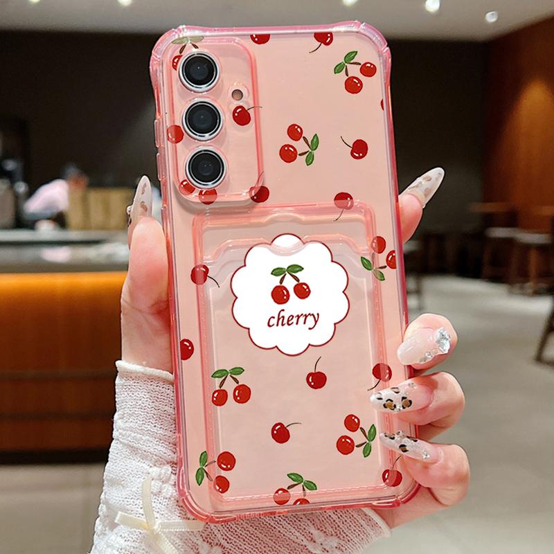 Cherry Print Card Slot Clear Soft Silicone Case For Samsung S25 Ultra S24 FE S23 S22 A36 A56 A55 A16 A06 A15 A26 Slim Shockproof Phone Cover