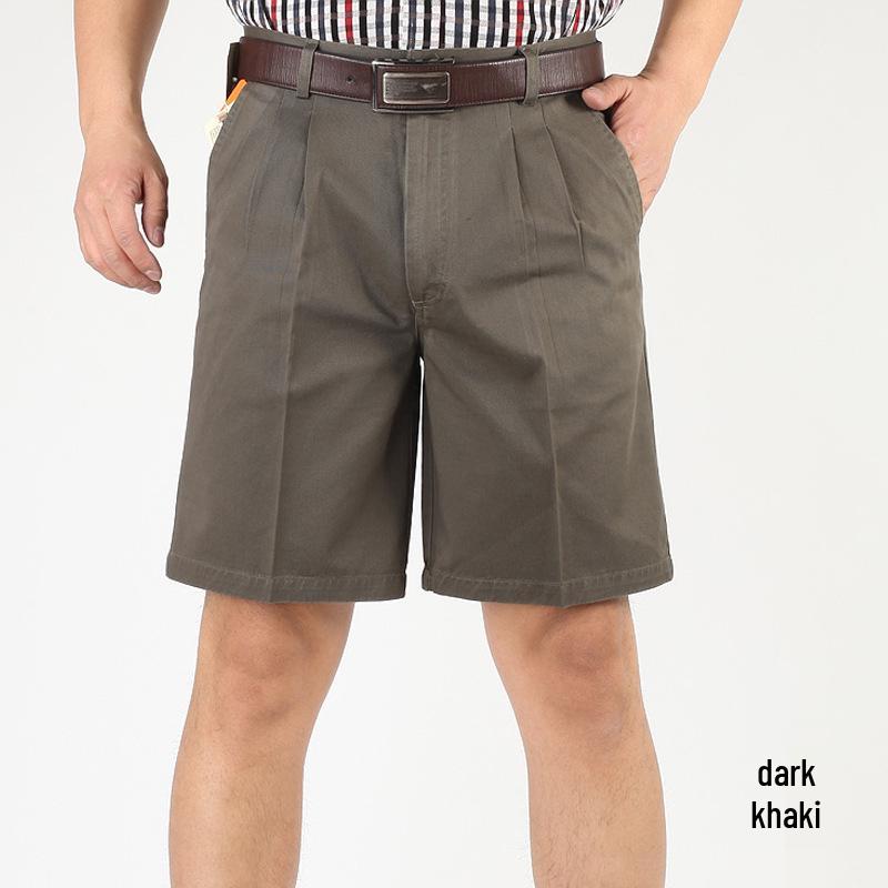 Мужские летние шорты из чистого хлопка с высокой посадкой, свободного кроя - с двойными складками, средней длины, повседневная одежда для мужчин среднего и пожилого возраста.