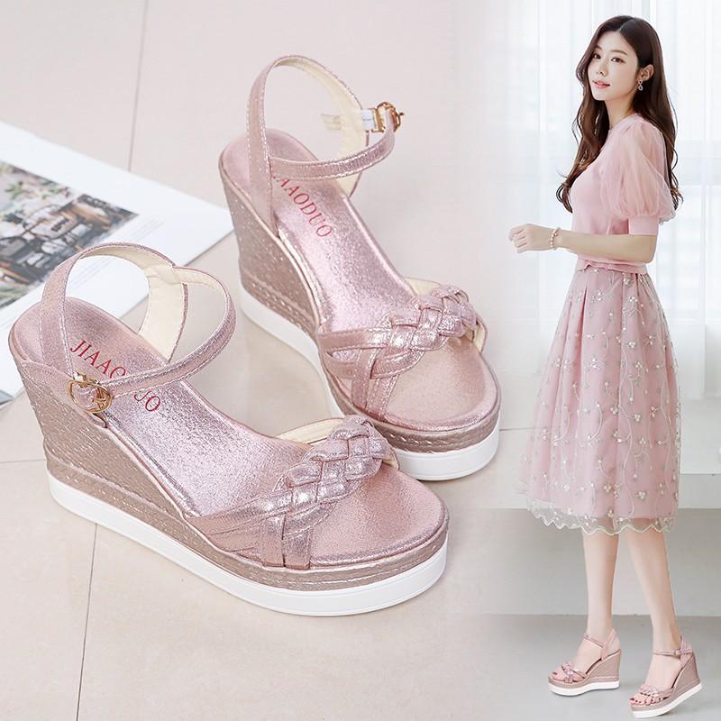 Fashion Wedge Heel Women Sandals 2025 New Summer High Heel Platform Word with Rhinestone Roman Shoes