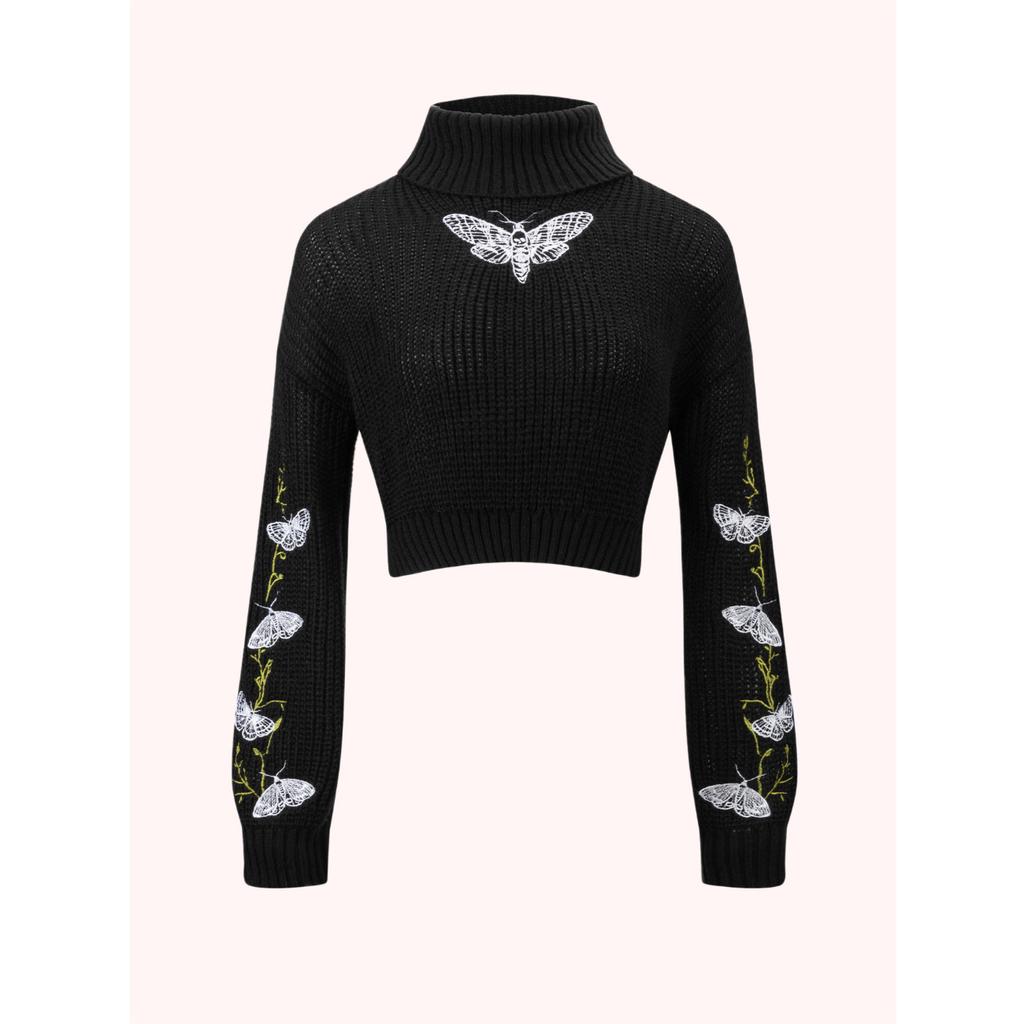 Butterfly Pattern Turtle Neck Pullover Sweater, Casual Long Sleeve Crop Sweater, Women's Clothing