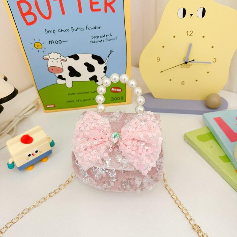 Crossbody Bowknot Girls Bag Sparkly Cartoon Shoulder Bag With Pearl Chain Strap