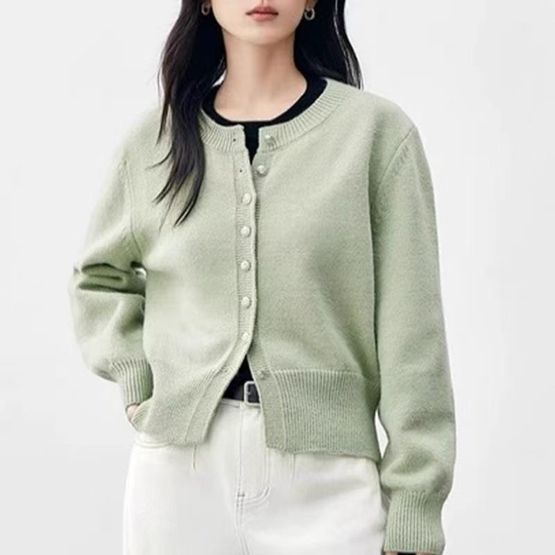 New Single-breasted Simple Solid Color Round Neck Long-sleeved Knitted Cardigan Women's Versatile Temperament Sweater Cardigan Women's