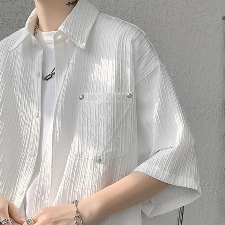 Мужская белая футболка с коротким рукавом из ледяного шелка - Драпирующаяся, нишевого дизайна куртка для рабочей одежды с рукавами до локтя