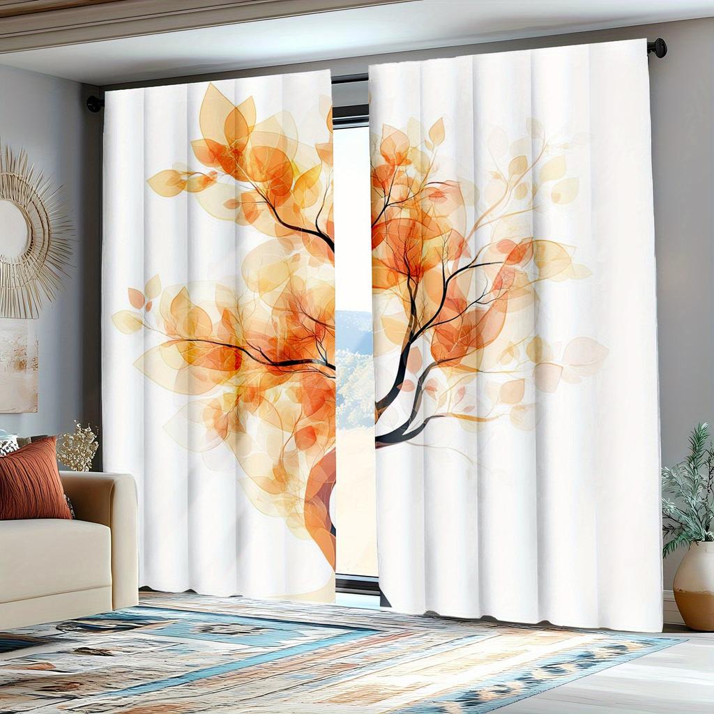 2Pc Orange Leaf Print Curtains, Polyester Fabric, Machine Washable, Suitable For Living Room/Bedroom Decoration