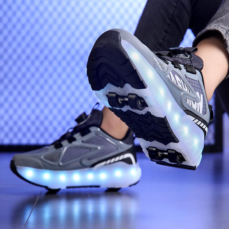 29-40 Мальчики Четырехколесные Кроссовки Съемные Туфли на Плоской Подошве Перезаряжаемые USB Светящиеся Спортивные Легкие Туфли Девочки Роликовые Коньки Обувь для Мальчиков
