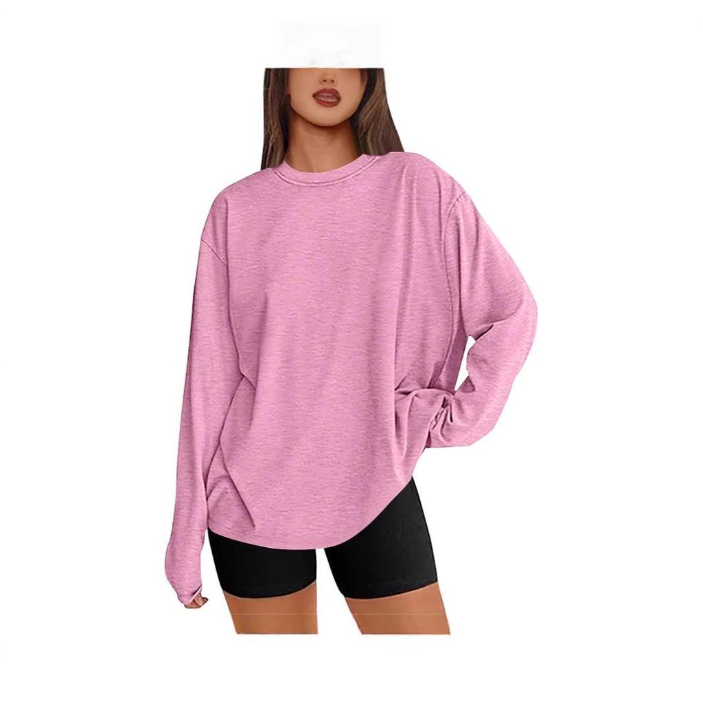 Women's Solid Color Long-Sleeve Round Neck Loose T-Shirt - Spring & Autumn Casual Top