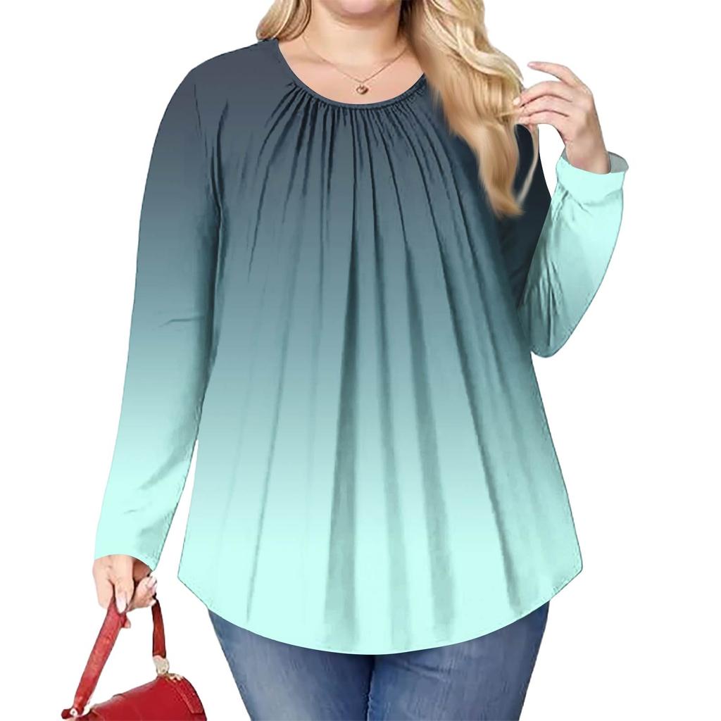 Женский модный топ большого размера с принтом, повседневный плиссированный, с круглым вырезом и длинными рукавами