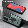 KEYSION Shockproof Armor Case for Xiaomi POCO X7 Pro Slide Camera Lens Protection Ring Stand Phone Back Cover for Redmi Turbo 4