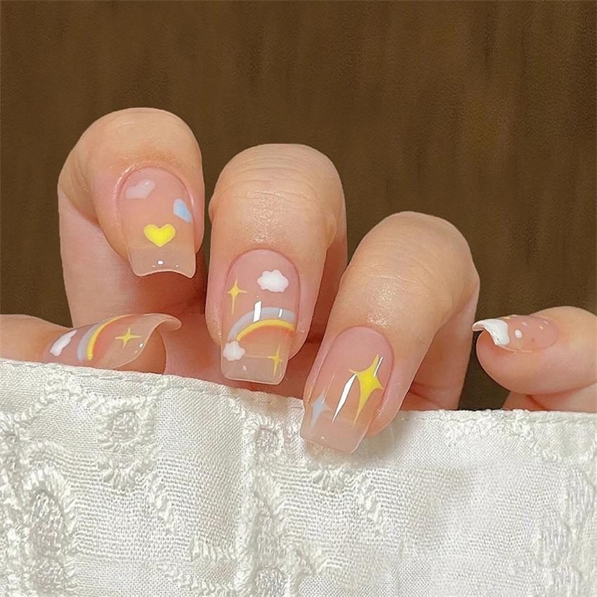 24Pcs French Long Ballet Square Fake Nails Handmade Removable Press On Acrylic Nail Art Tips