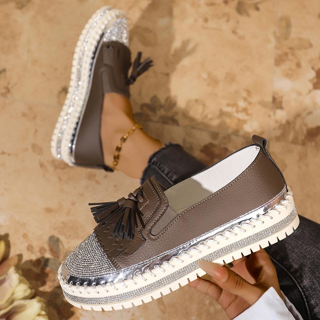Модные женские повседневные туфли 2025 года, лето, новые туфли на платформе с одной педалью и неглубоким носком, женская обувь со стразами