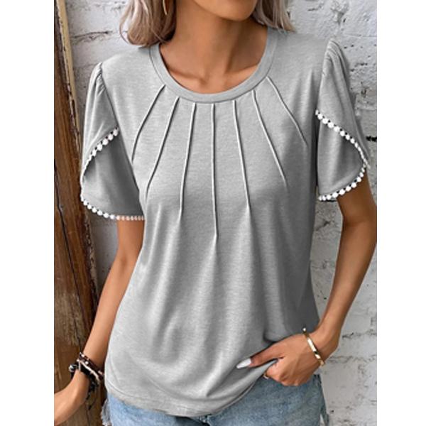 Women's Summer New Round Neck Solid Crimp Short Sleeve Lace Casual T-shirt