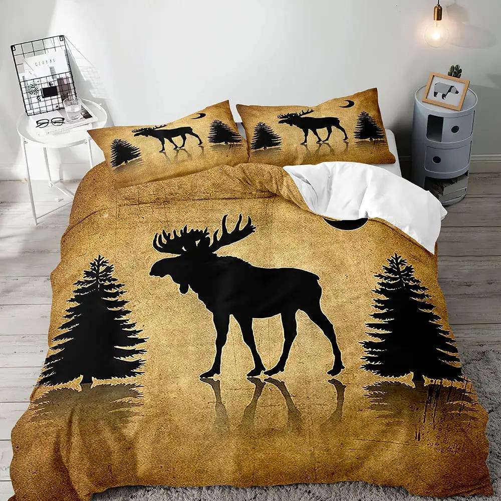 Набор постельного белья с пододеяльником Farmhouse Soft из мягкой ткани, Черный Медведь Олень Лось Лесные Животные Дикая Природа Коттедж Сельский Набор Постельного Белья King, Шалфейный Зеленый Коричневый Клетка